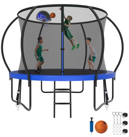 Kumix Trampoline 8 10 12 14 15 16FT, 1000LBS Upgraded Trampoline for 3-4 Kids, Recreational Trampoline with Enclosure, Basketball Hoop, Wind Stakes, Outdoor No Gap Galvanized Full Spray Trampoline