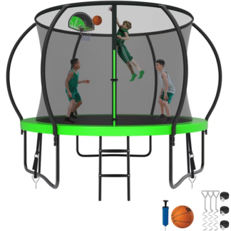 Kumix Trampoline 8 10 12 14 15 16FT, 1000LBS Upgraded Trampoline for 3-4 Kids, Recreational Trampoline with Enclosure, Basketball Hoop, Wind Stakes, Outdoor No Gap Galvanized Full Spray Trampoline