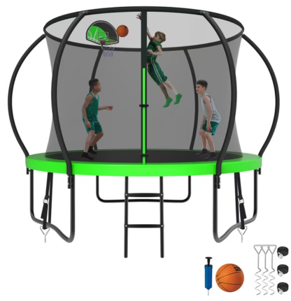 Kumix Trampoline 8 10 12 14 15 16FT, 1000LBS Upgraded Trampoline for 3-4 Kids, Recreational Trampoline with Enclosure, Basketball Hoop, Wind Stakes, Outdoor No Gap Galvanized Full Spray Trampoline