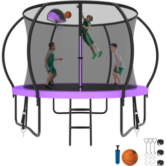 Kumix Trampoline 8 10 12 14 15 16FT, 1000LBS Upgraded Trampoline for 3-4 Kids, Recreational Trampoline with Enclosure, Basketball Hoop, Wind Stakes, Outdoor No Gap Galvanized Full Spray Trampoline