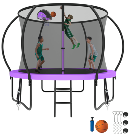 Kumix Trampoline 8 10 12 14 15 16FT, 1000LBS Upgraded Trampoline for 3-4 Kids, Recreational Trampoline with Enclosure, Basketball Hoop, Wind Stakes, Outdoor No Gap Galvanized Full Spray Trampoline