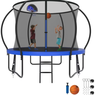 Kumix Trampoline 8 10 12 14 15 16FT, 800LBS Upgraded Trampoline for 2-3 Kids, Recreational Trampoline with Enclosure, Basketball Hoop, Wind Stakes, Outdoor No Gap Galvanized Full Spray Trampoline