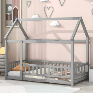 Kumix Twin Size House Floor Bed, Wooden Floor Bed with Fence and Roof, Unlimited Weight Capacity House Bed for Kids, Playhouse Twin Bed Frame for Girls, Boys, Gray