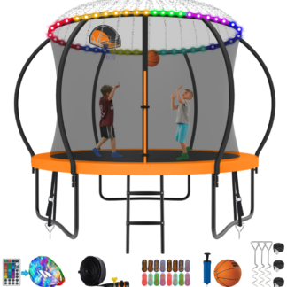 Kumix Trampoline 8 10 12 14 15 16FT, 800LBS Upgraded Trampoline for 2-3 Kids with Light, Sprinkler, Socks, Recreational Trampoline with Basketball Hoop, Wind Stakes, Outdoor No Gap Dsign Trampoline