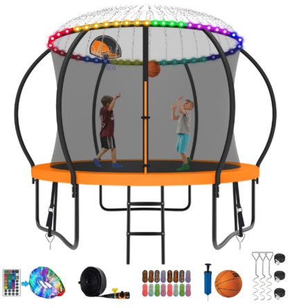 Kumix Trampoline 8 10 12 14 15 16FT, 800LBS Upgraded Trampoline for 2-3 Kids with Light, Sprinkler, Socks, Recreational Trampoline with Basketball Hoop, Wind Stakes, Outdoor No Gap Dsign Trampoline