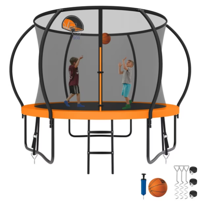 Kumix Trampoline 8 10 12 14 15 16FT, 800LBS Upgraded Trampoline for 2-3 Kids, Recreational Trampoline with Enclosure, Basketball Hoop, Wind Stakes, Outdoor No Gap Galvanized Full Spray Trampoline