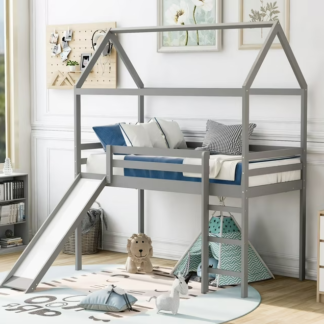 Kumix Twin Size Loft Bed with Slide, House Shaped Solid Wood Loft Bed with Safety Guardrail, Ladder and Roof, No Box Spring Needed, Save Space Design for Kids, Teens, Girls, Boys, Gray
