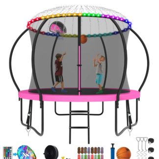 Kumix Trampoline 8 10 12 14 15 16FT, 800LBS Upgraded Trampoline for 2-3 Kids with Light, Sprinkler, Socks, Recreational Trampoline with Basketball Hoop, Wind Stakes, Outdoor No Gap Dsign Trampoline