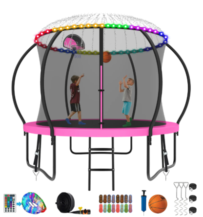 Kumix Trampoline 8 10 12 14 15 16FT, 800LBS Upgraded Trampoline for 2-3 Kids with Light, Sprinkler, Socks, Recreational Trampoline with Basketball Hoop, Wind Stakes, Outdoor No Gap Dsign Trampoline