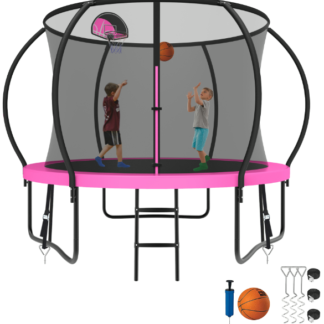 Kumix Trampoline 8 10 12 14 15 16FT, 800LBS Upgraded Trampoline for 2-3 Kids, Recreational Trampoline with Enclosure, Basketball Hoop, Wind Stakes, Outdoor No Gap Galvanized Full Spray Trampoline