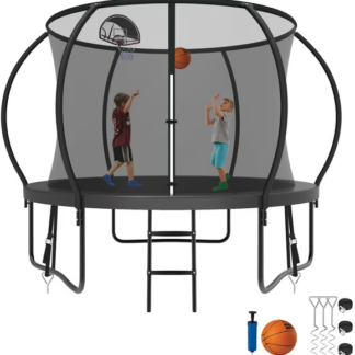 Kumix Trampoline 8 10 12 14 15 16FT, 800LBS Upgraded Trampoline for 2-3 Kids, Recreational Trampoline with Enclosure, Basketball Hoop, Wind Stakes, Outdoor No Gap Galvanized Full Spray Trampoline