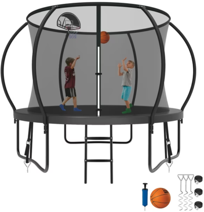 Kumix Trampoline 8 10 12 14 15 16FT, 800LBS Upgraded Trampoline for 2-3 Kids, Recreational Trampoline with Enclosure, Basketball Hoop, Wind Stakes, Outdoor No Gap Galvanized Full Spray Trampoline