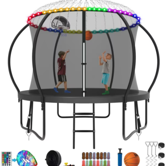 Kumix Trampoline 8 10 12 14 15 16FT, 800LBS Upgraded Trampoline for 2-3 Kids with Light, Sprinkler, Socks, Recreational Trampoline with Basketball Hoop, Wind Stakes, Outdoor No Gap Dsign Trampoline