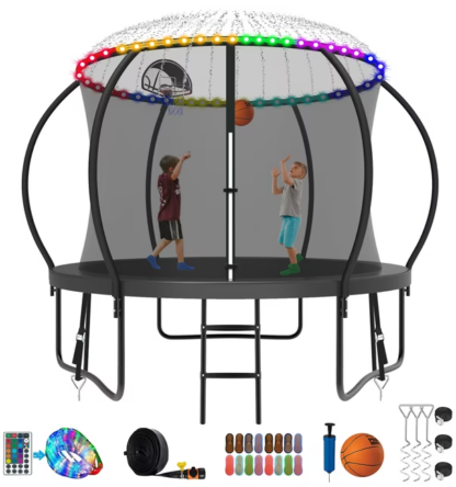 Kumix Trampoline 8 10 12 14 15 16FT, 800LBS Upgraded Trampoline for 2-3 Kids with Light, Sprinkler, Socks, Recreational Trampoline with Basketball Hoop, Wind Stakes, Outdoor No Gap Dsign Trampoline