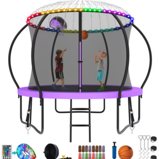 Kumix Trampoline 8 10 12 14 15 16FT, 800LBS Upgraded Trampoline for 2-3 Kids with Light, Sprinkler, Socks, Recreational Trampoline with Basketball Hoop, Wind Stakes, Outdoor No Gap Dsign Trampoline