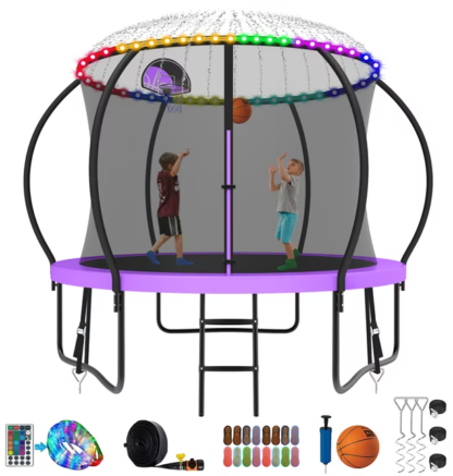 Kumix Trampoline 8 10 12 14 15 16FT, 800LBS Upgraded Trampoline for 2-3 Kids with Light, Sprinkler, Socks, Recreational Trampoline with Basketball Hoop, Wind Stakes, Outdoor No Gap Dsign Trampoline