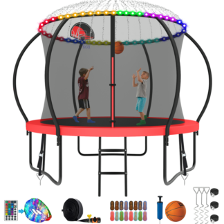 Kumix Trampoline 8 10 12 14 15 16FT, 800LBS Upgraded Trampoline for 2-3 Kids with Light, Sprinkler, Socks, Recreational Trampoline with Basketball Hoop, Wind Stakes, Outdoor No Gap Dsign Trampoline