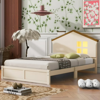 Kumix Platform Bed Twin Size, Wood Twin Platform Bed with House-Shaped Headboard, Built-in LED and Solid Wood Legs, Platform Bed for Kids for Bedroom, Dorm, No Box Spring Needed