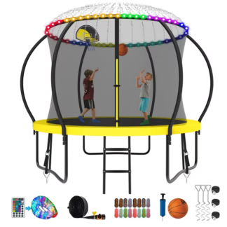 Kumix Trampoline 8 10 12 14 15 16FT, 800LBS Upgraded Trampoline for 2-3 Kids with Light, Sprinkler, Socks, Recreational Trampoline with Basketball Hoop, Wind Stakes, Outdoor No Gap Dsign Trampoline