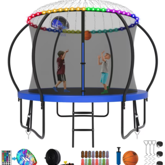 Kumix Trampoline 8 10 12 14 15 16FT, 800LBS Upgraded Trampoline for 2-3 Kids with Light, Sprinkler, Socks, Recreational Trampoline with Basketball Hoop, Wind Stakes, Outdoor No Gap Dsign Trampoline
