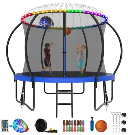 Kumix Trampoline 8 10 12 14 15 16FT, 800LBS Upgraded Trampoline for 2-3 Kids with Light, Sprinkler, Socks, Recreational Trampoline with Basketball Hoop, Wind Stakes, Outdoor No Gap Dsign Trampoline