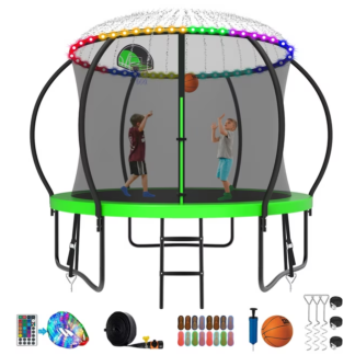Kumix Trampoline 8 10 12 14 15 16FT, 800LBS Upgraded Trampoline for 2-3 Kids with Light, Sprinkler, Socks, Recreational Trampoline with Basketball Hoop, Wind Stakes, Outdoor No Gap Dsign Trampoline