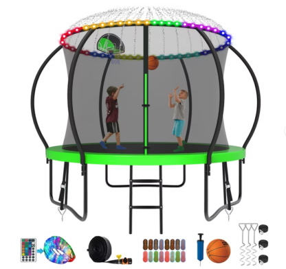 Kumix Trampoline 8 10 12 14 15 16FT, 800LBS Upgraded Trampoline for 2-3 Kids with Light, Sprinkler, Socks, Recreational Trampoline with Basketball Hoop, Wind Stakes, Outdoor No Gap Dsign Trampoline