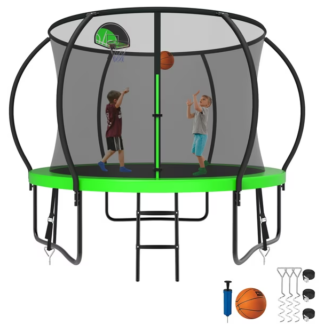 Kumix Trampoline 8 10 12 14 15 16FT, 800LBS Upgraded Trampoline for 2-3 Kids, Recreational Trampoline with Enclosure, Basketball Hoop, Wind Stakes, Outdoor No Gap Galvanized Full Spray Trampoline