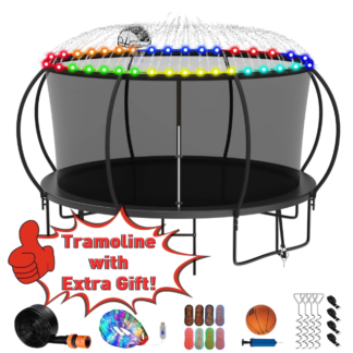 Kumix Trampoline 1200LBS for 6-7 Kids/ 2-3 Kids, 12FT Trampoline with Enclosure, Basketball Hoop, LED Light, Sprinkler, Socks, Outdoor Heavy Duty Galvanized Full Spray Round Trampoline, No Gap Design