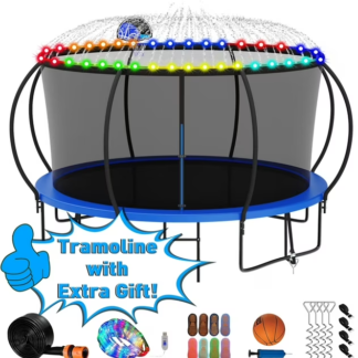 Kumix Trampoline 1200LBS for 6-7 Kids/ 2-3 Kids, 12FT Trampoline with Enclosure, Basketball Hoop, LED Light, Sprinkler, Socks, Outdoor Heavy Duty Galvanized Full Spray Round Trampoline, No Gap Design