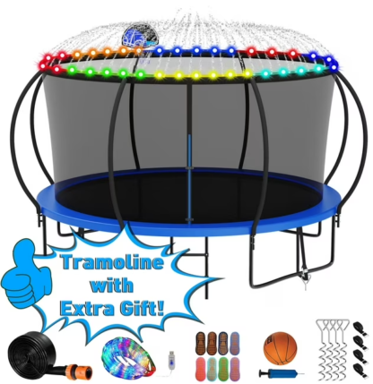Kumix Trampoline 1200LBS for 6-7 Kids/ 2-3 Kids, 12FT Trampoline with Enclosure, Basketball Hoop, LED Light, Sprinkler, Socks, Outdoor Heavy Duty Galvanized Full Spray Round Trampoline, No Gap Design