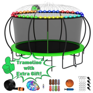 Kumix Trampoline 1200LBS for 6-7 Kids/ 2-3 Kids, 12FT Trampoline with Enclosure, Basketball Hoop, LED Light, Sprinkler, Socks, Outdoor Heavy Duty Galvanized Full Spray Round Trampoline, No Gap Design