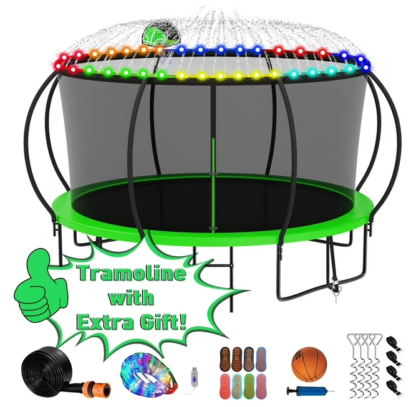 Kumix Trampoline 1200LBS for 6-7 Kids/ 2-3 Kids, 12FT Trampoline with Enclosure, Basketball Hoop, LED Light, Sprinkler, Socks, Outdoor Heavy Duty Galvanized Full Spray Round Trampoline, No Gap Design