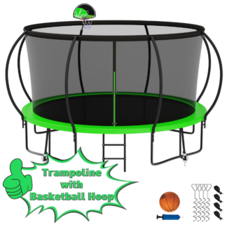 Kumix Trampoline 1200LBS for 6-7 Kids/ 2-3 Kids, 12FT Trampoline with Enclosure, Basketball Hoop, Ladder, Wind Stakes, Outdoor Heavy Duty Galvanized Full Spray Round Trampoline, No Gap Design