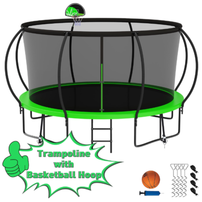 Kumix Trampoline 1200LBS for 6-7 Kids/ 2-3 Kids, 12FT Trampoline with Enclosure, Basketball Hoop, Ladder, Wind Stakes, Outdoor Heavy Duty Galvanized Full Spray Round Trampoline, No Gap Design
