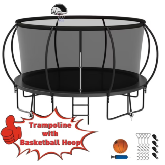 Kumix Trampoline 1200LBS for 6-7 Kids/ 2-3 Kids, 12FT Trampoline with Enclosure, Basketball Hoop, Ladder, Wind Stakes, Outdoor Heavy Duty Galvanized Full Spray Round Trampoline, No Gap Design