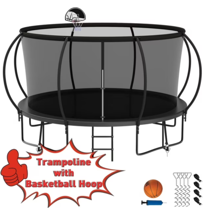 Kumix Trampoline 1200LBS for 6-7 Kids/ 2-3 Kids, 12FT Trampoline with Enclosure, Basketball Hoop, Ladder, Wind Stakes, Outdoor Heavy Duty Galvanized Full Spray Round Trampoline, No Gap Design