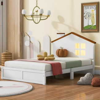 Kumix Platform Bed Twin Size, Wood Twin Platform Bed with House-Shaped Headboard, Built-in LED and Solid Wood Legs, Platform Bed for Kids for Bedroom, Dorm, No Box Spring Needed