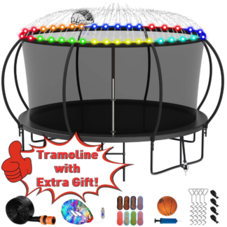 Kumix Trampoline 1400LBS for 7-8 Kids/ 3-4 Kids, 14FT Trampoline with Enclosure, Basketball Hoop, LED Light, Sprinkler, Socks, Outdoor Heavy Duty Galvanized Full Spray Round Trampoline, No Gap Design