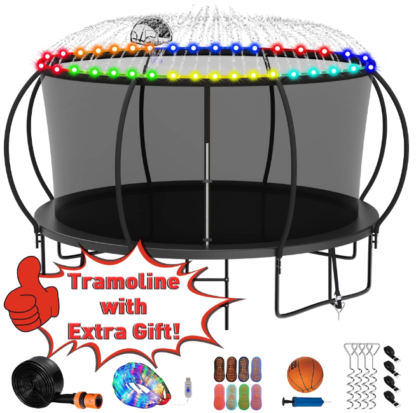 Kumix Trampoline 1400LBS for 7-8 Kids/ 3-4 Kids, 14FT Trampoline with Enclosure, Basketball Hoop, LED Light, Sprinkler, Socks, Outdoor Heavy Duty Galvanized Full Spray Round Trampoline, No Gap Design