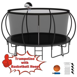 Kumix Trampoline 1400LBS for 7-8 Kids/ 3-4 Kids, 14FT Trampoline with Enclosure, Basketball Hoop, Ladder, Wind Stakes, Outdoor Heavy Duty Galvanized Full Spray Round Trampoline, No Gap Design