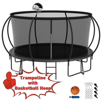 Kumix Trampoline 1400LBS for 7-8 Kids/ 3-4 Kids, 14FT Trampoline with Enclosure, Basketball Hoop, Ladder, Wind Stakes, Outdoor Heavy Duty Galvanized Full Spray Round Trampoline, No Gap Design