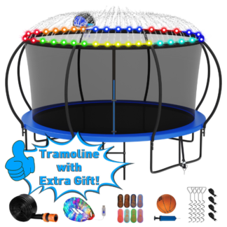 Kumix Trampoline 1400LBS for 7-8 Kids/ 3-4 Kids, 14FT Trampoline with Enclosure, Basketball Hoop, LED Light, Sprinkler, Socks, Outdoor Heavy Duty Galvanized Full Spray Round Trampoline, No Gap Design
