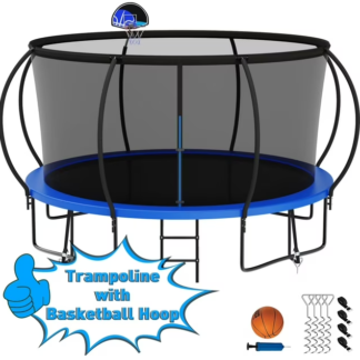 Kumix Trampoline 1400LBS for 7-8 Kids/ 3-4 Kids, 14FT Trampoline with Enclosure, Basketball Hoop, Ladder, Wind Stakes, Outdoor Heavy Duty Galvanized Full Spray Round Trampoline, No Gap Design