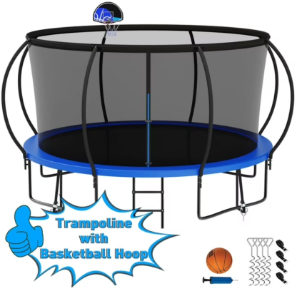 Kumix Trampoline 1400LBS for 7-8 Kids/ 3-4 Kids, 14FT Trampoline with Enclosure, Basketball Hoop, Ladder, Wind Stakes, Outdoor Heavy Duty Galvanized Full Spray Round Trampoline, No Gap Design