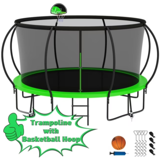 Kumix Trampoline 1400LBS for 7-8 Kids/ 3-4 Kids, 14FT Trampoline with Enclosure, Basketball Hoop, Ladder, Wind Stakes, Outdoor Heavy Duty Galvanized Full Spray Round Trampoline, No Gap Design