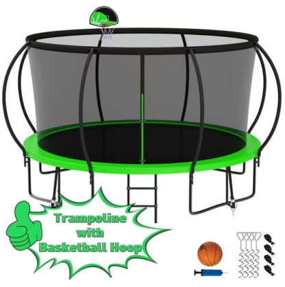 Kumix Trampoline 1400LBS for 7-8 Kids/ 3-4 Kids, 14FT Trampoline with Enclosure, Basketball Hoop, Ladder, Wind Stakes, Outdoor Heavy Duty Galvanized Full Spray Round Trampoline, No Gap Design