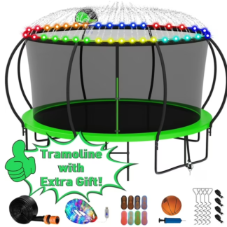 Kumix Trampoline 1400LBS for 7-8 Kids/ 3-4 Kids, 14FT Trampoline with Enclosure, Basketball Hoop, LED Light, Sprinkler, Socks, Outdoor Heavy Duty Galvanized Full Spray Round Trampoline, No Gap Design