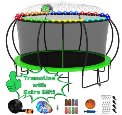 Kumix Trampoline 1400LBS for 7-8 Kids/ 3-4 Kids, 14FT Trampoline with Enclosure, Basketball Hoop, LED Light, Sprinkler, Socks, Outdoor Heavy Duty Galvanized Full Spray Round Trampoline, No Gap Design