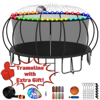 Kumix Trampoline 1500LBS for 8-9 Kids/ 4-5 Kids, 15FT Trampoline with Enclosure, Basketball Hoop, LED Light, Sprinkler, Socks, Outdoor Heavy Duty Galvanized Full Spray Round Trampoline, No Gap Design